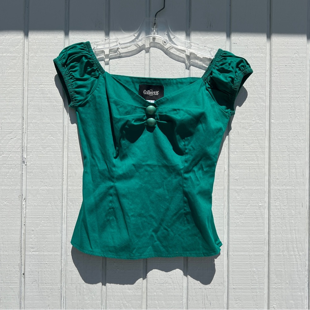 Collectif: Emerald Green Vintage-Inspired Puff Sleeve Top. Women’s Size Small